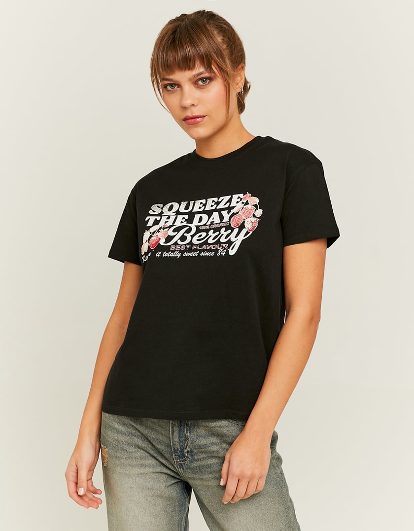 Ladies Black Loose Printed T-Shirt-Model Front View