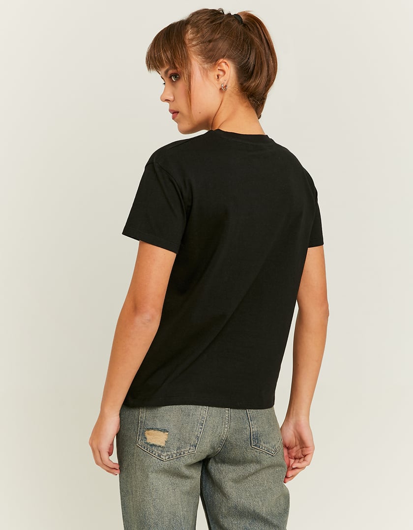 Ladies Black Loose Printed T-Shirt-Model Back View