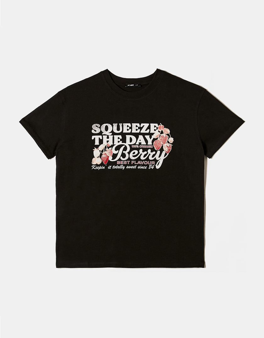 Ladies Black Loose Printed T-Shirt-Front View