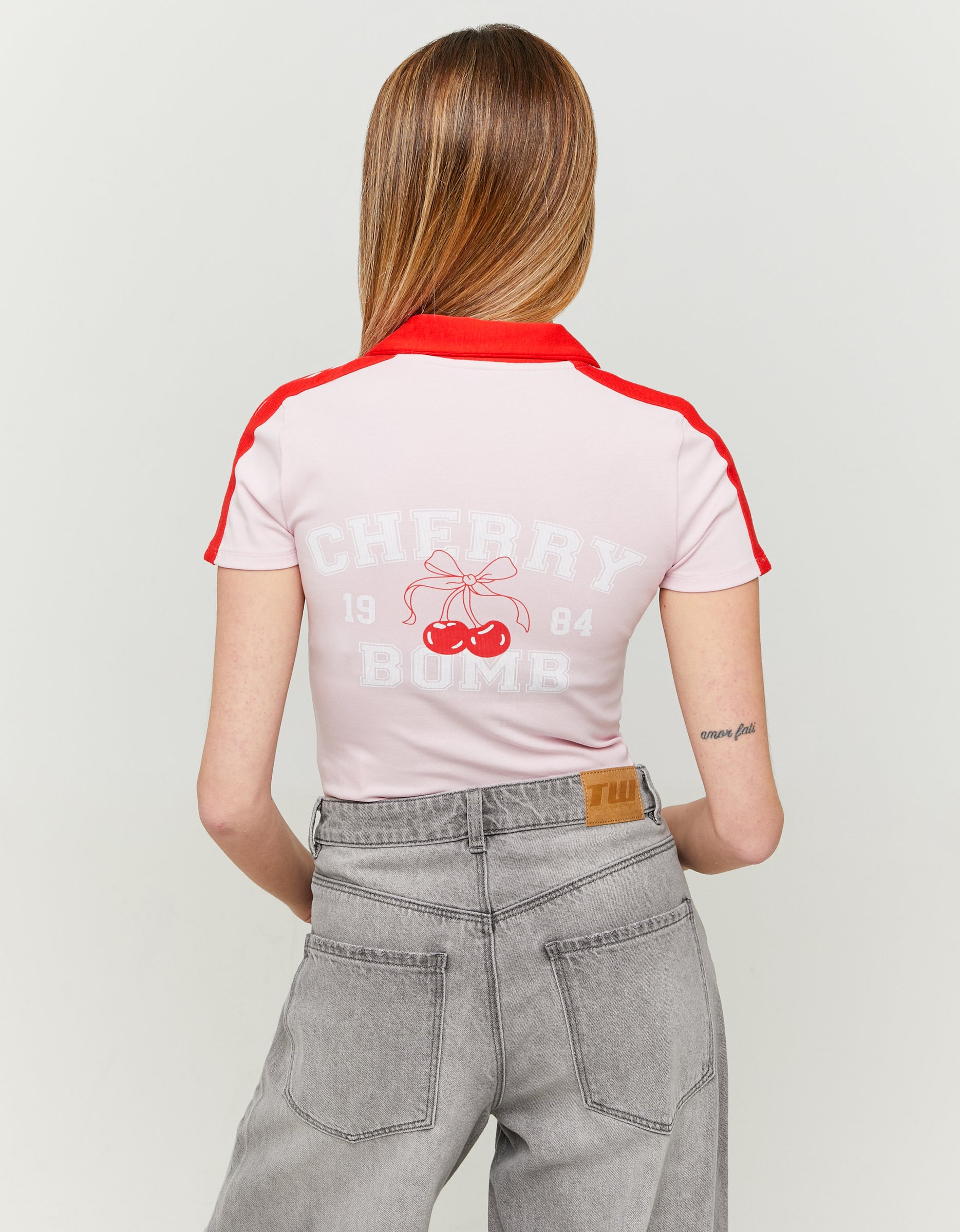 Ladies Pink Printed T-Shirt With Polo Neck-Back View