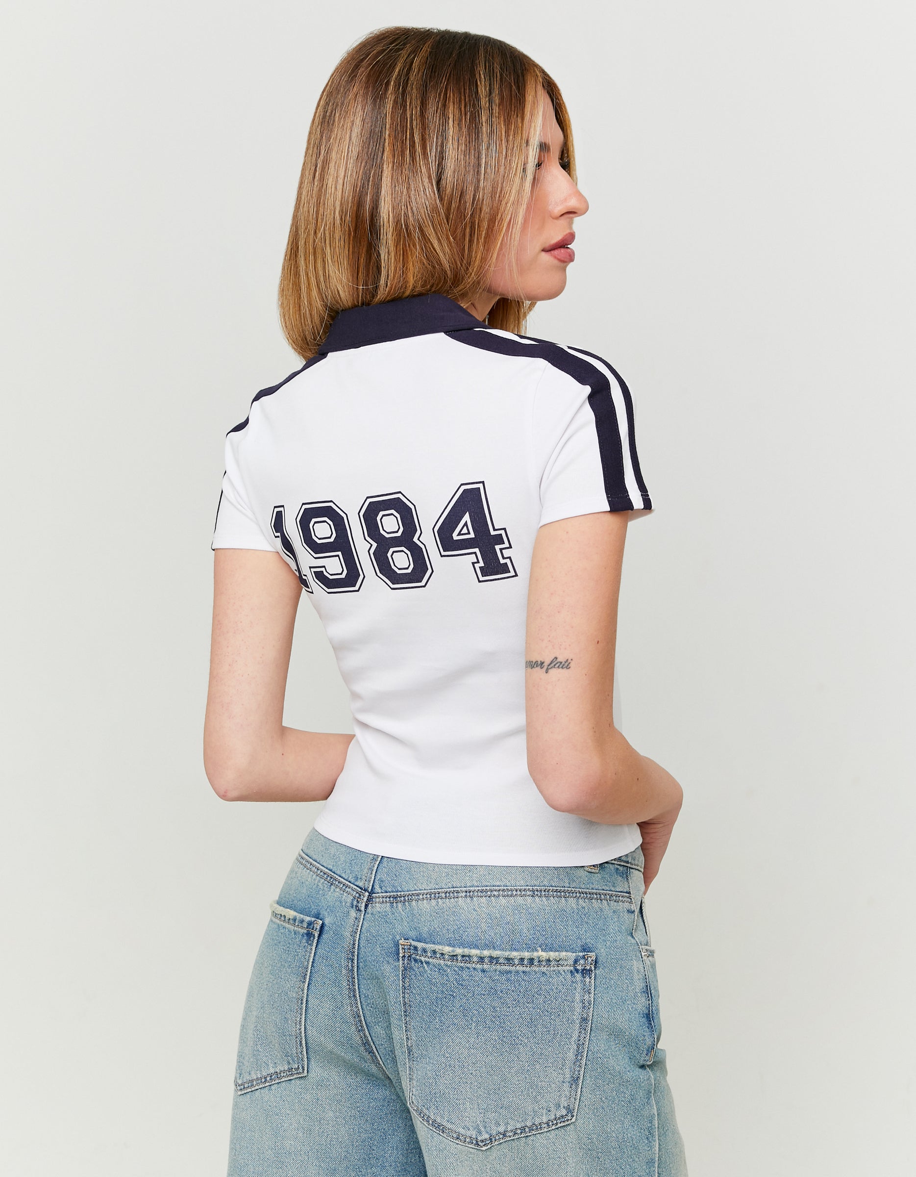 Ladies White Printed T-Shirt With Polo Neck-Model Back View