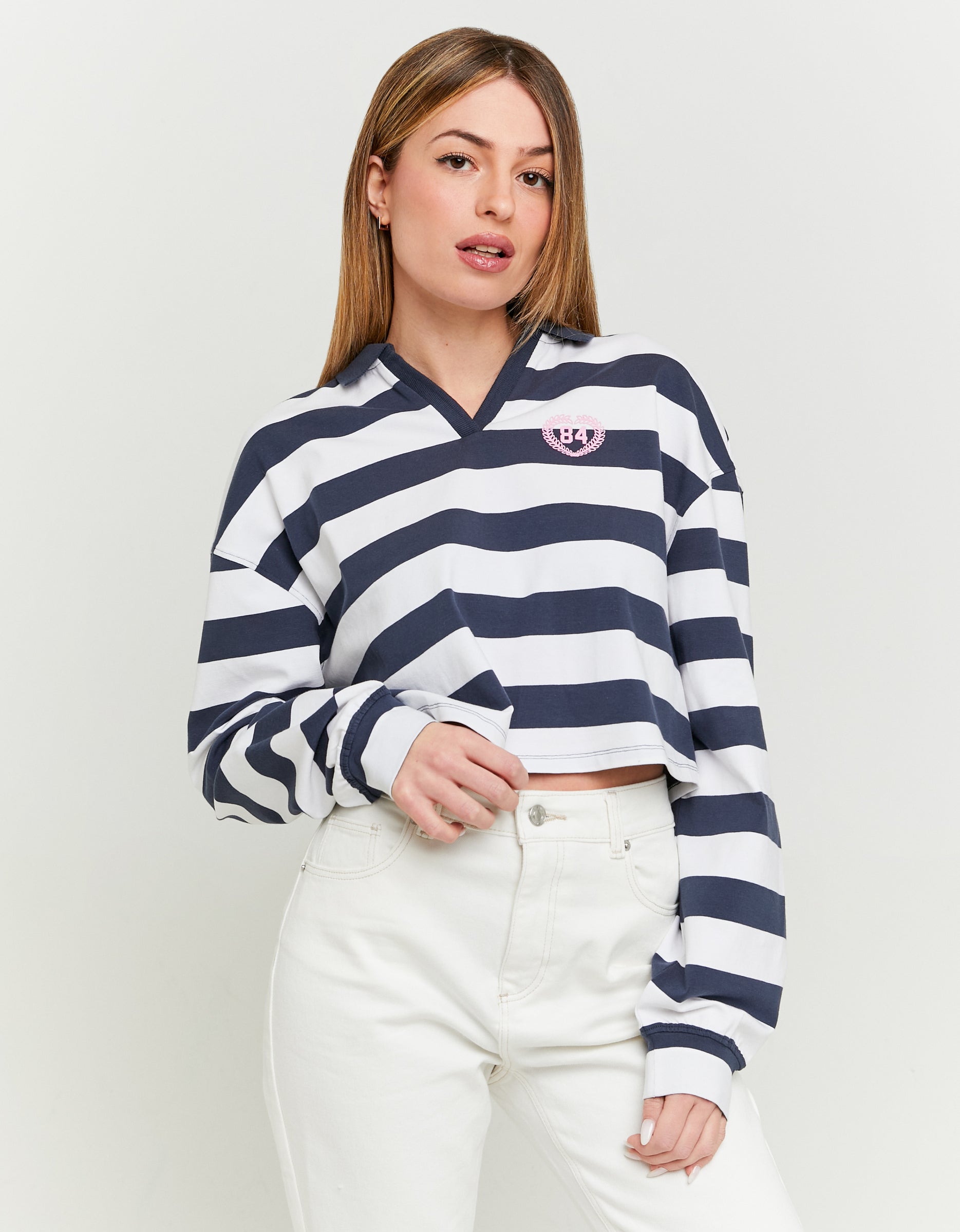 Ladies Long Sleeve White/Navy Striped Polo Neck T-Shirt With Print-Model Front View