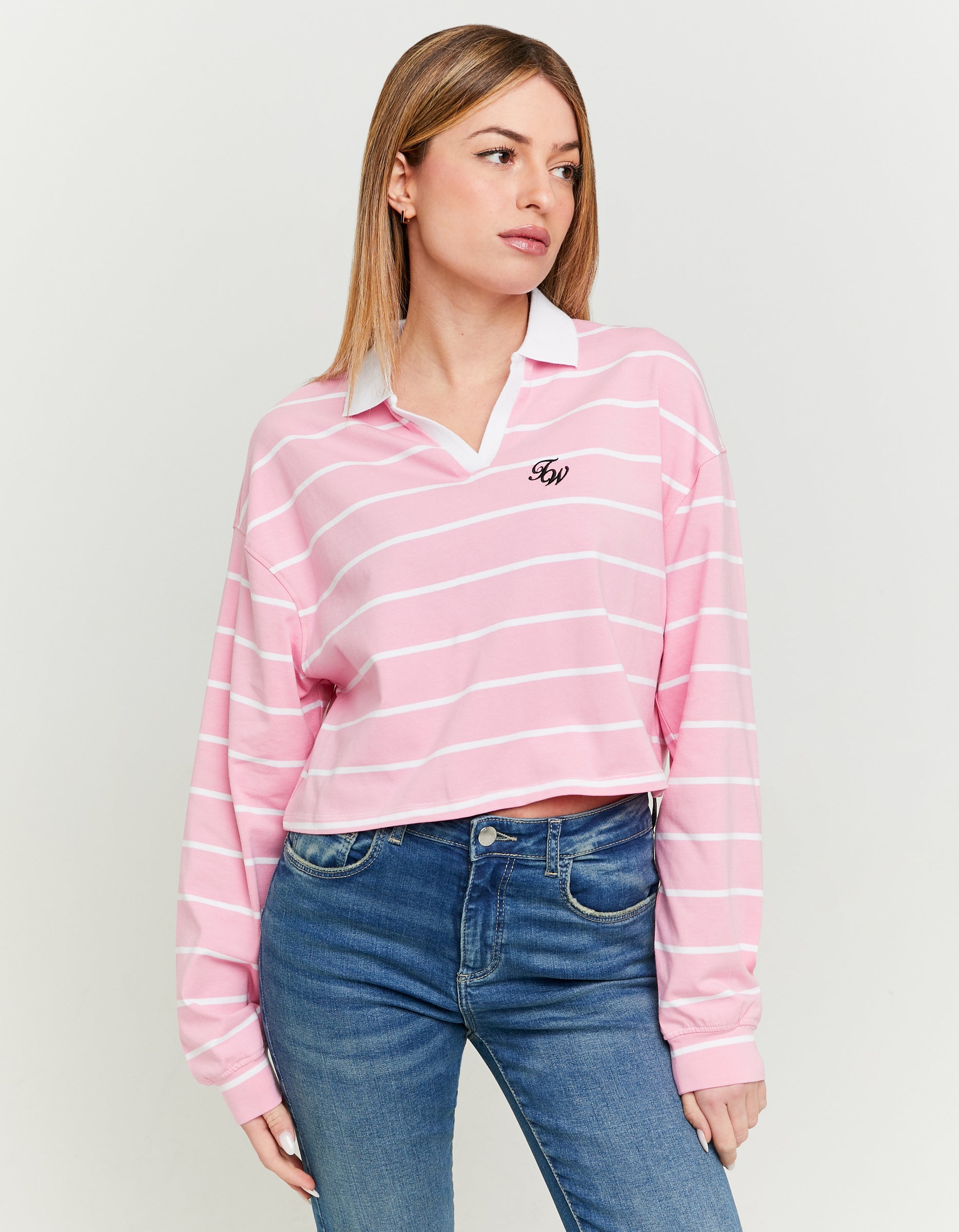 Ladies Long Sleeve Pink Striped Polo Neck T-Shirt With Print-Model Front View