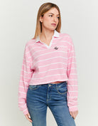 Tally Weijl Long Sleeve Pink Striped Polo Neck T-Shirt With Print White/Pink front view