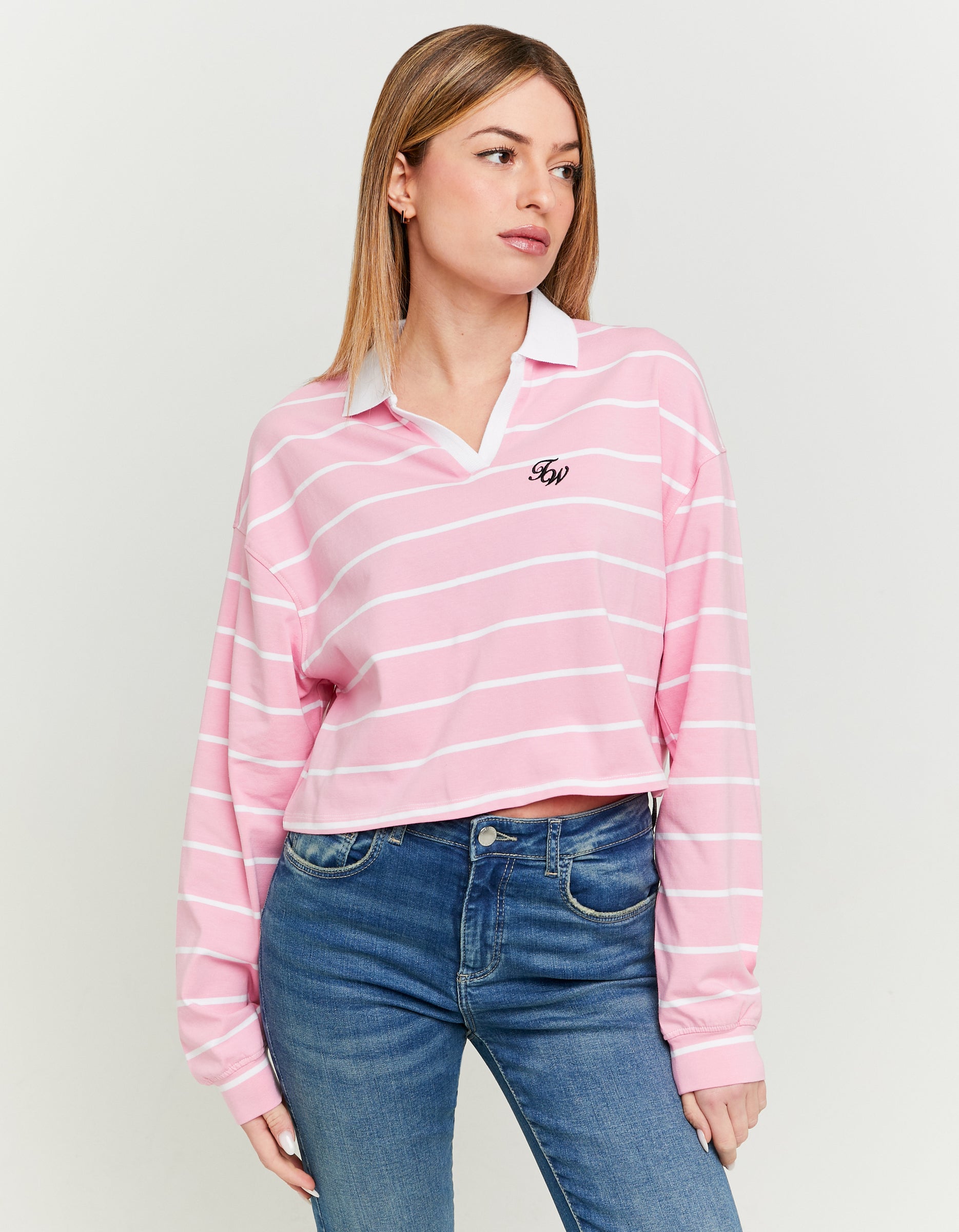 Tally Weijl Long Sleeve Pink Striped Polo Neck T-Shirt With Print White/Pink front view