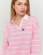 Tally Weijl Long Sleeve Pink Striped Polo Neck T-Shirt With Print White/Pink model front view