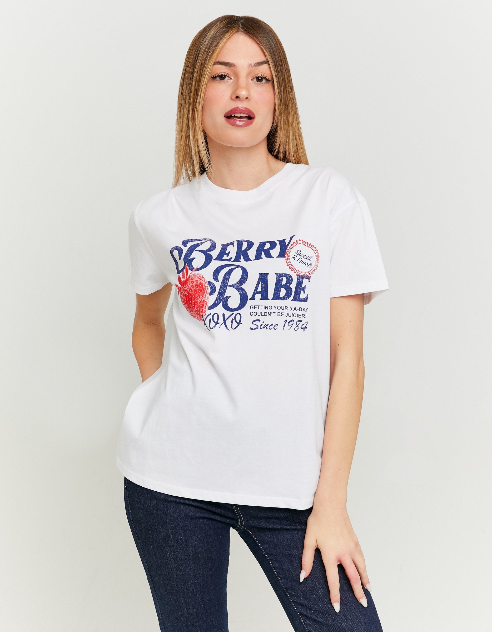 Ladies White Printed Berry Babe Oversize T-Shirt-Model Front View