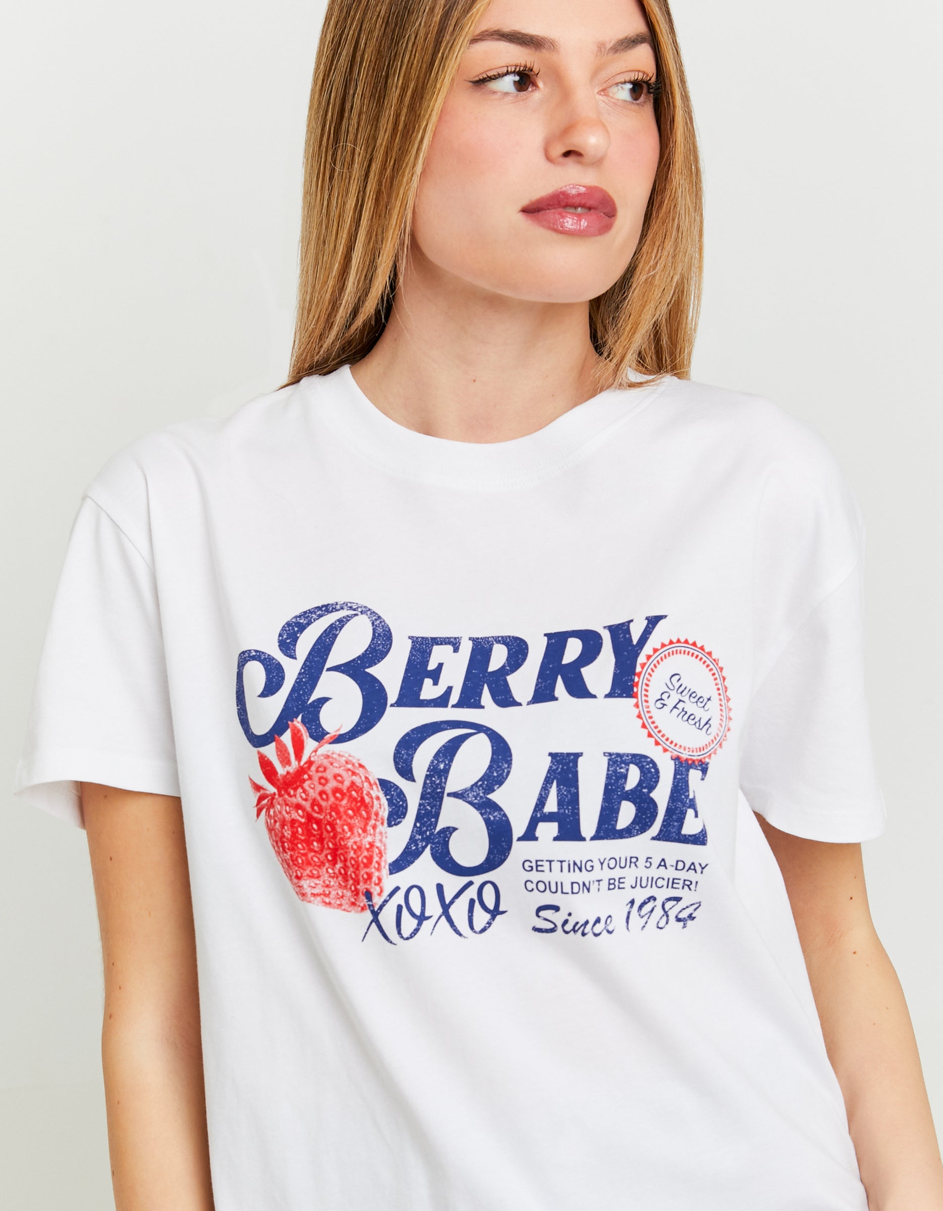 Ladies White Printed Berry Babe Oversize T-Shirt-Closer View of Front