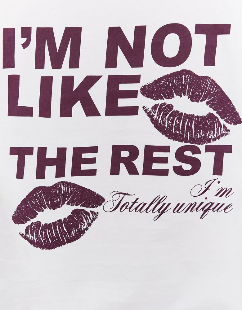 Ladies White Oversized T-Shirt With Totally Unique Print-Closer View of the Writing on the Back.