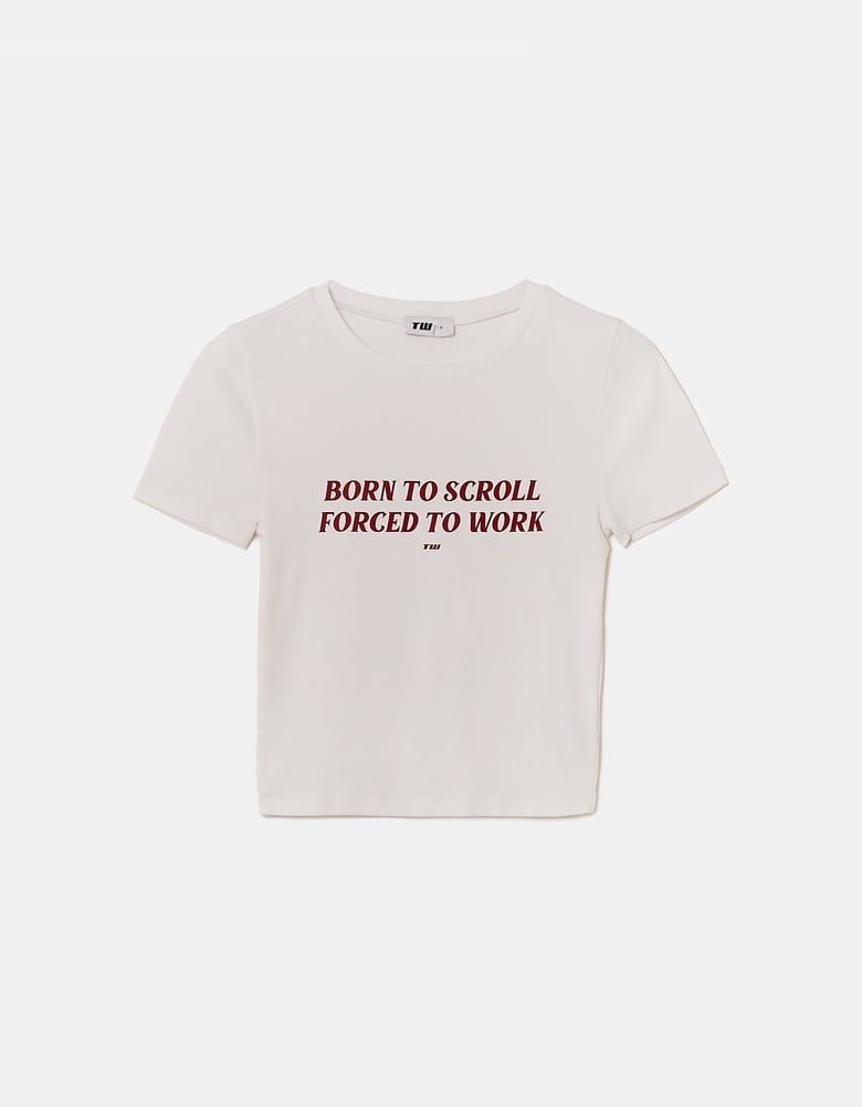 Ladies White Born To Scroll Printed Tee-Ghost Front View