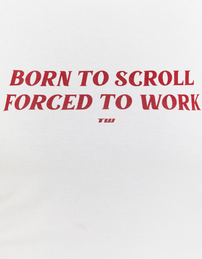 Ladies White Born To Scroll Printed Tee-Close Up of the Wording