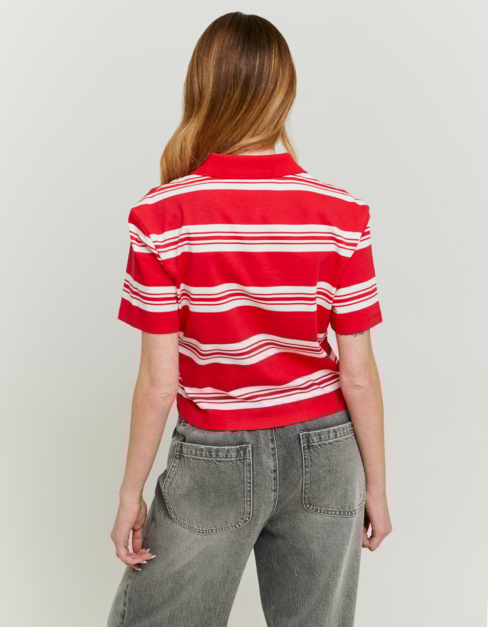 Ladies Striped Red & White Polo T-Shirt-Back View