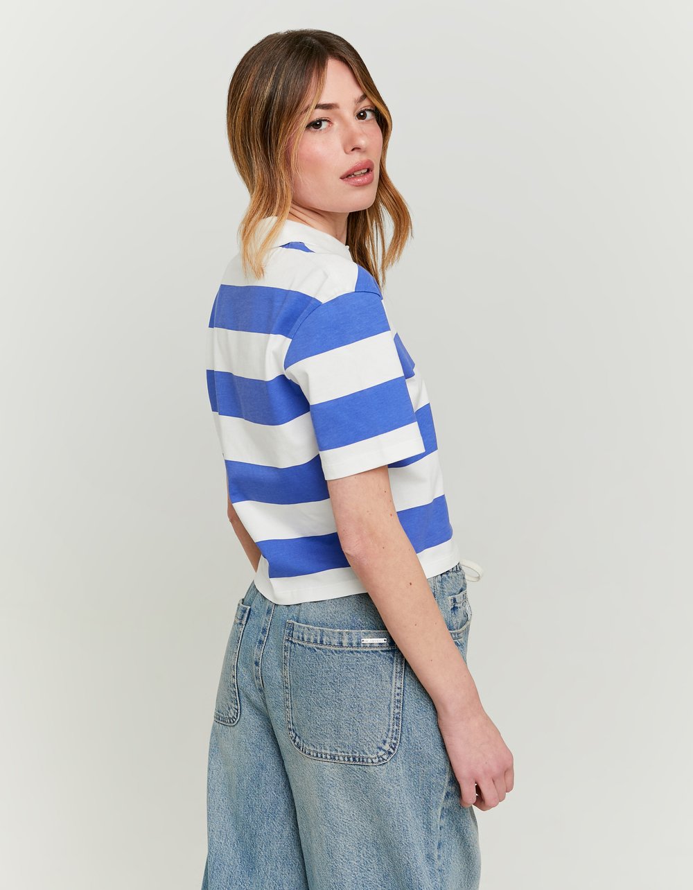 Tally Weijl Striped White & Blue Polo T-Shirt WHITE/BLUE close up view