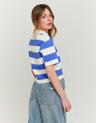 Tally Weijl Striped White & Blue Polo T-Shirt WHITE/BLUE close up view
