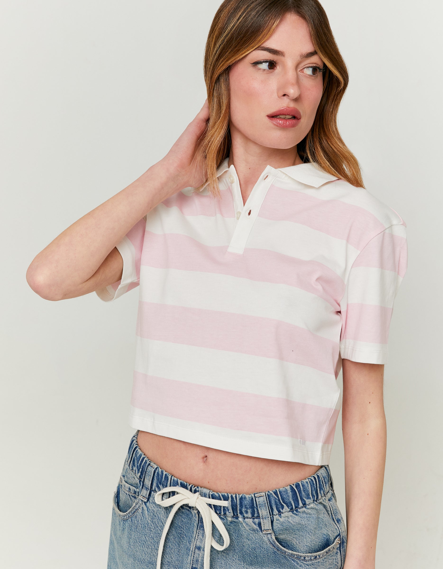 Ladies Striped White & Pink Polo T-Shirt-Closer View of the Front