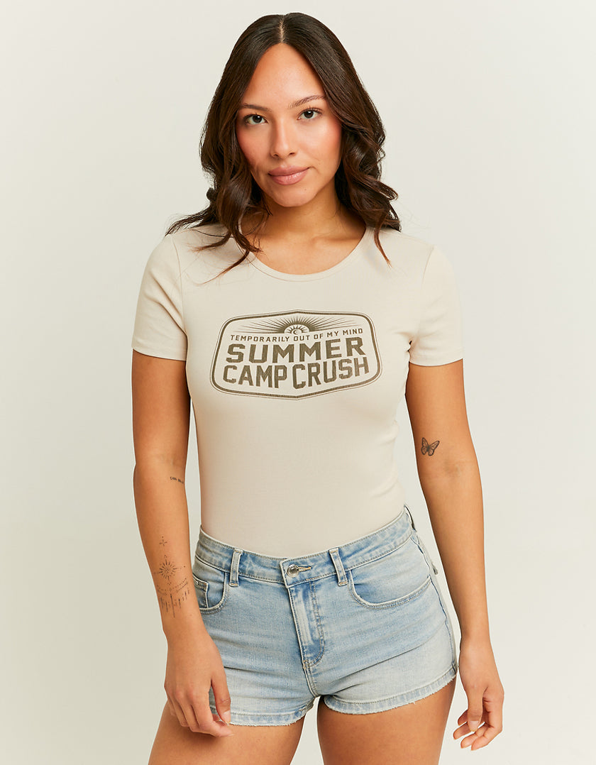 Ladies Beige Regular Summer Camp Printed T-Shirt-Model Front View