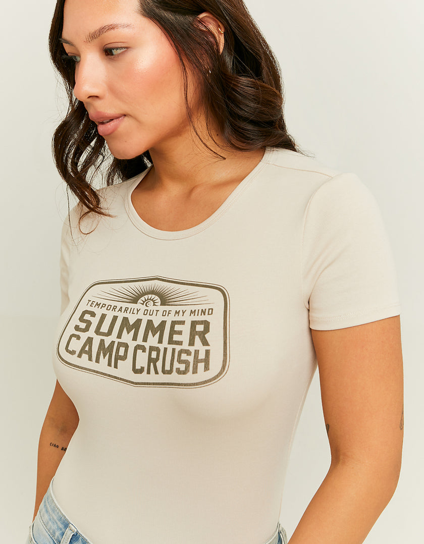 Ladies Beige Regular Summer Camp Printed T-Shirt-Closer View of the Front