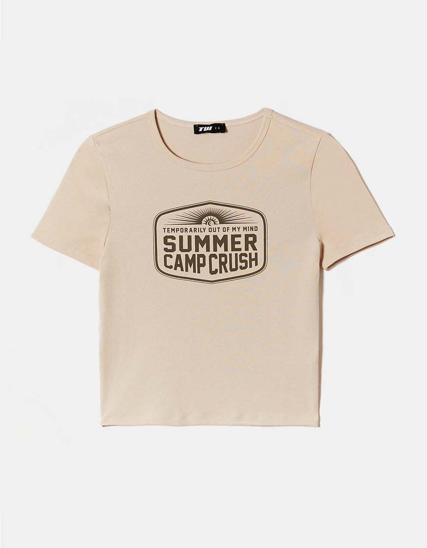 Ladies Beige Regular Summer Camp Printed T-Shirt-Front View