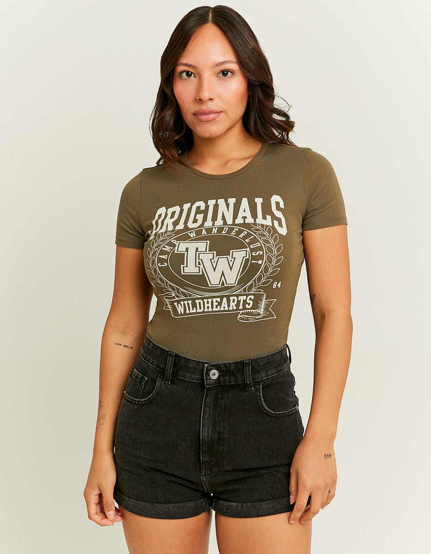 Ladies Khaki Regular Originals Printed T-Shirt-Model Front View