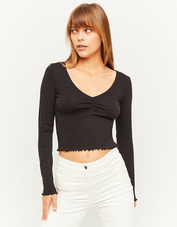 Ladies Black Long Sleeve Basic V-Neck T-Shirt-Model Front View