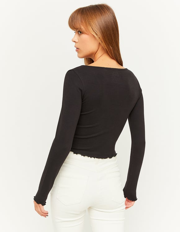 Ladies Black Long Sleeve Basic V-Neck T-Shirt-Model Back View