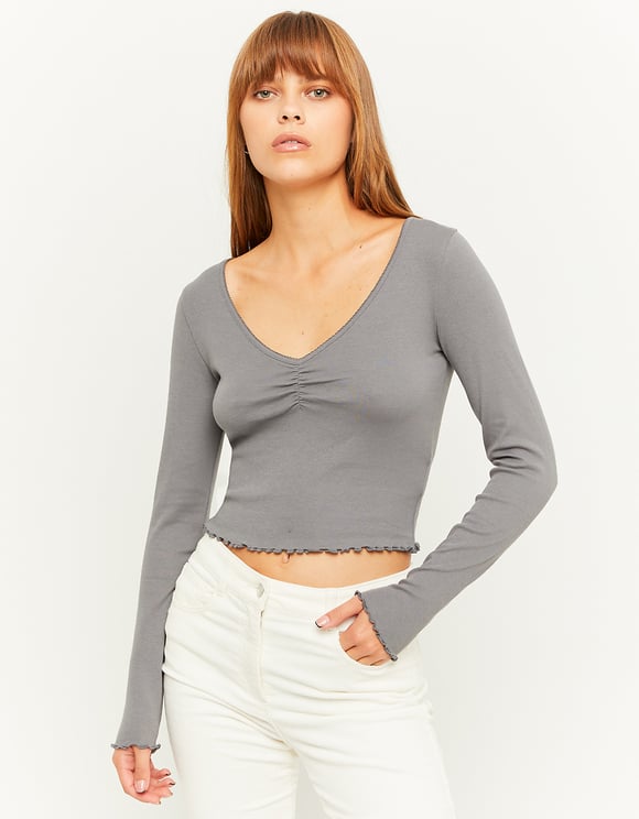 Ladies Grey Long Sleeve Basic V-Neck T-Shirt-Model Front View