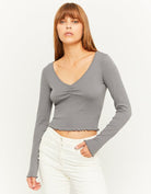 Tally Weijl Grey Long Sleeve Basic V-Neck T-Shirt Grey front view