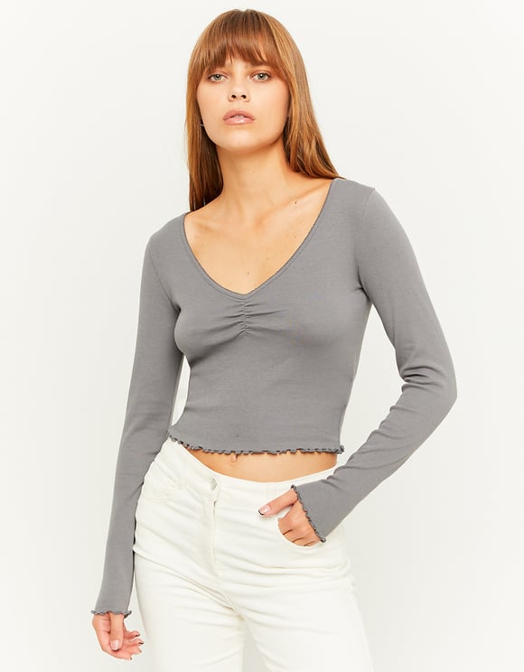 Tally Weijl Grey Long Sleeve Basic V-Neck T-Shirt Grey front view