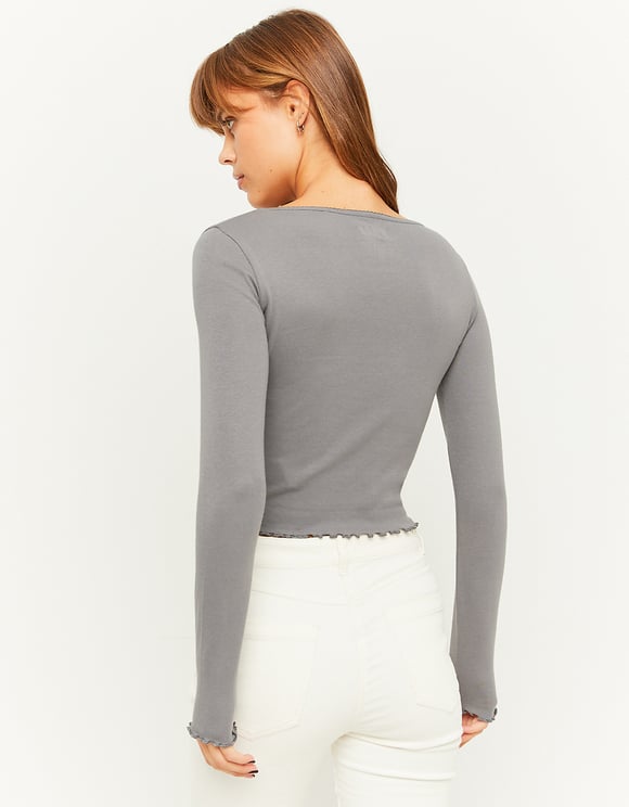 Ladies Grey Long Sleeve Basic V-Neck T-Shirt-Model Back View