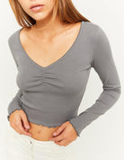 Tally Weijl Grey Long Sleeve Basic V-Neck T-Shirt Grey detail view