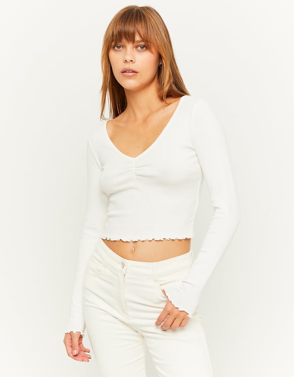 Ladies White Long Sleeve Basic V-Neck T-Shirt-Model Front View