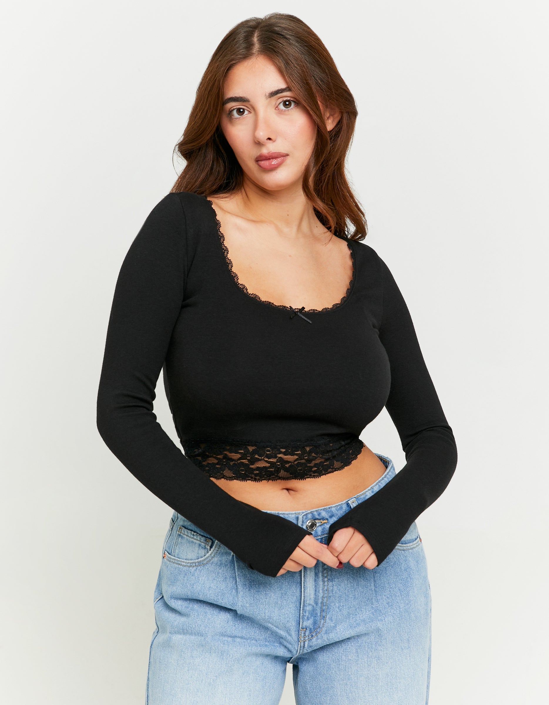 Ladies Black Long Sleeve T-Shirt With Lace Detail-Model Front View