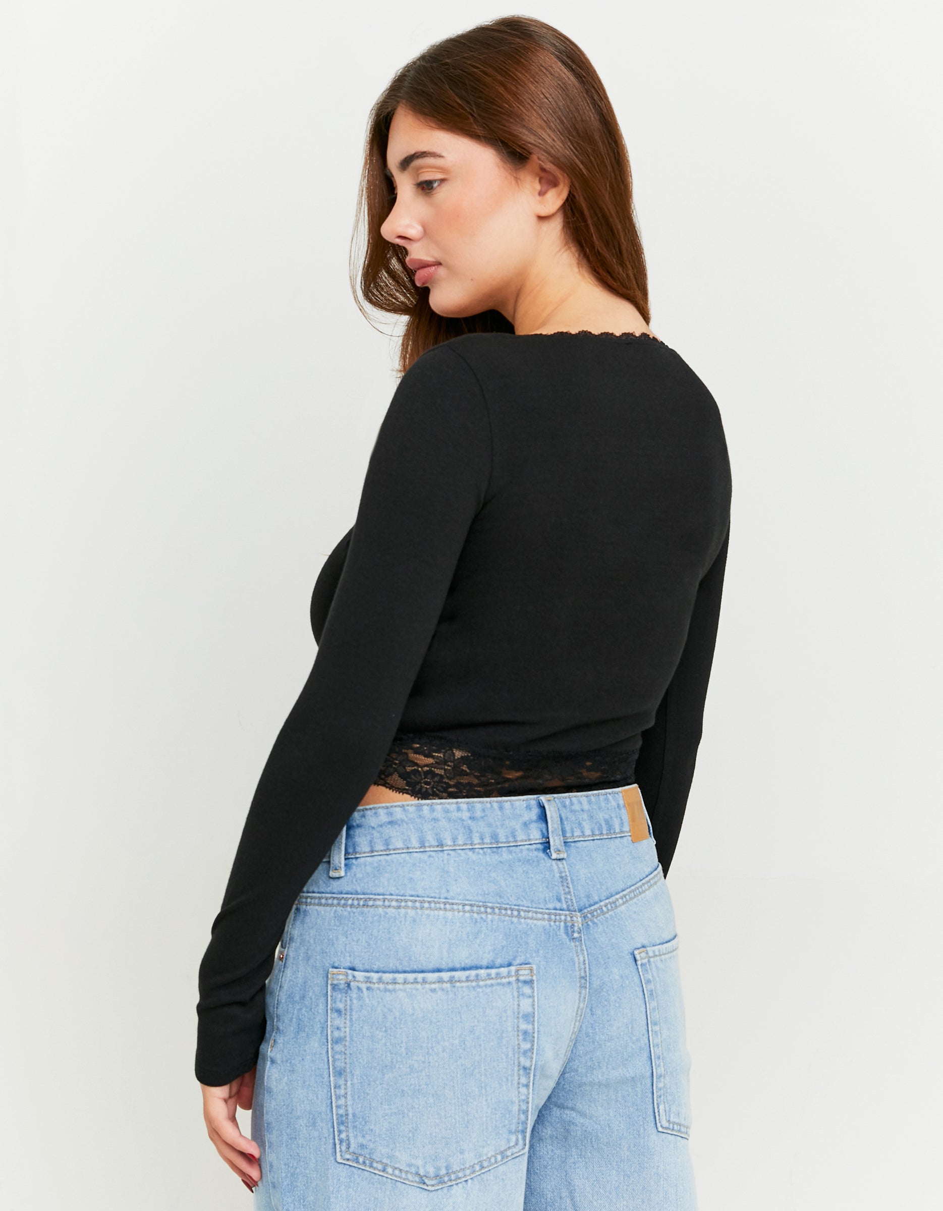 Ladies Black Long Sleeve T-Shirt With Lace Detail-Model Back View