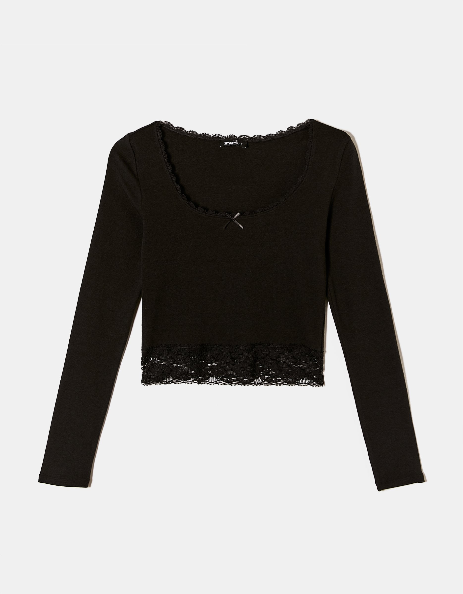 Ladies Black Long Sleeve T-Shirt With Lace Detail-Ghost Front View