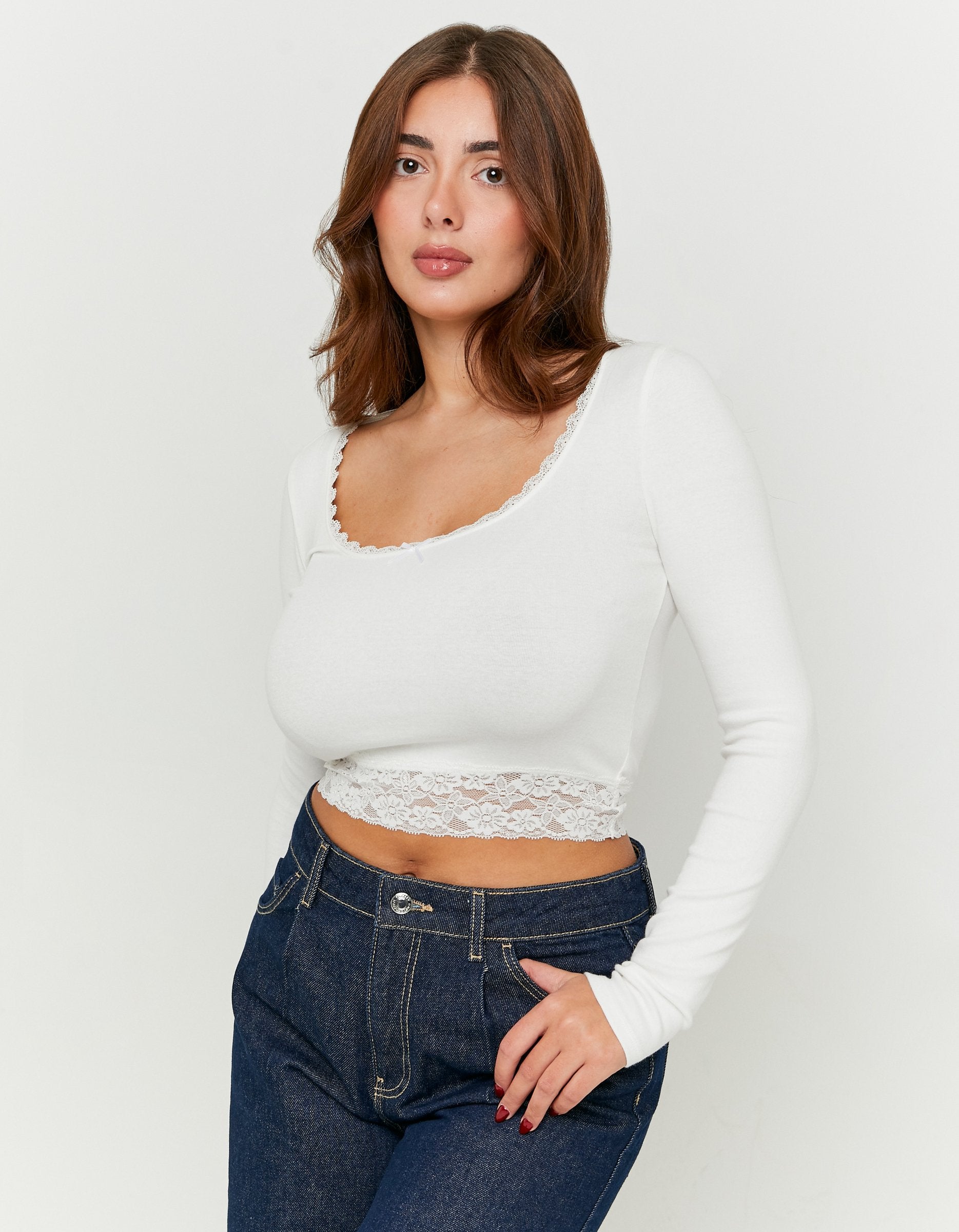 Ladies White Long Sleeve T-Shirt With Lace Detail-Front View