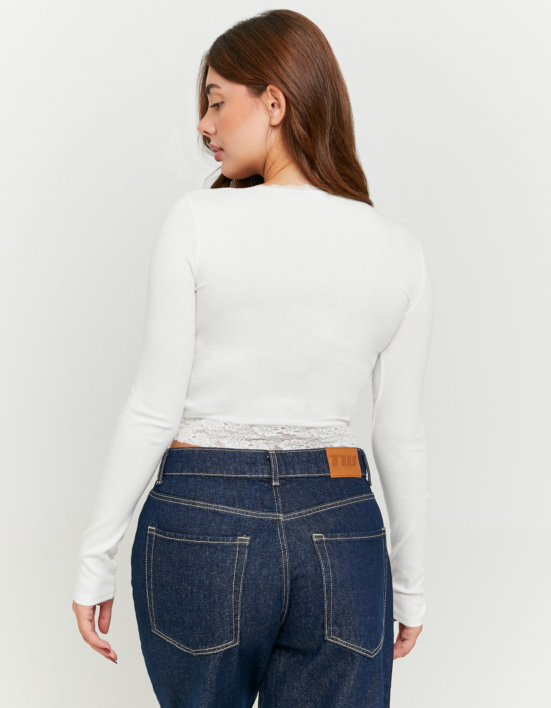 Ladies White Long Sleeve T-Shirt With Lace Detail-Back View