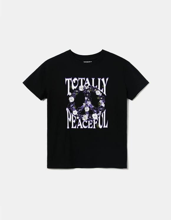 Ladies Totally Peaceful Black Printed T-Shirt-Front View
