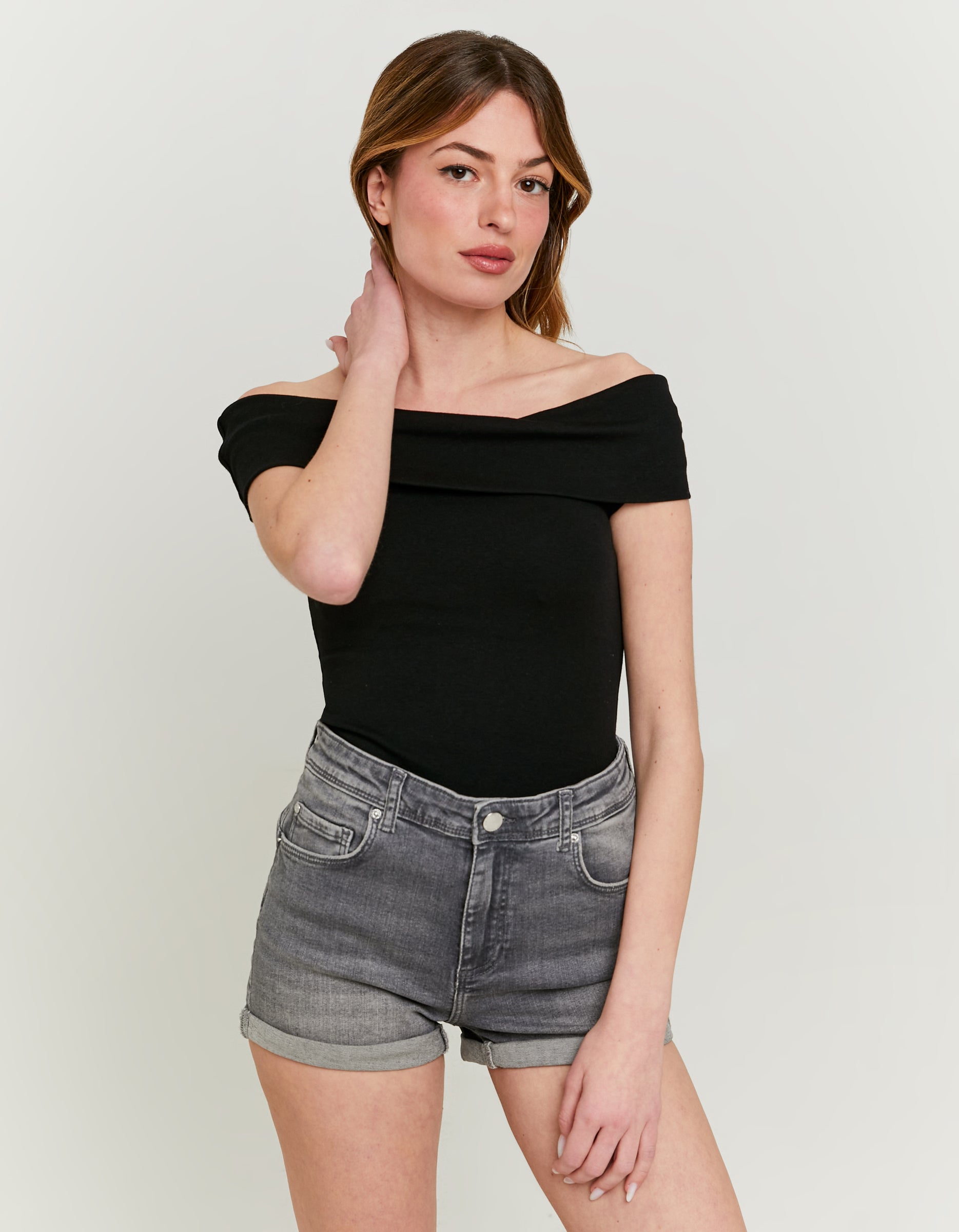 Ladies Black Off-Shoulder Basic Top-Model Front View