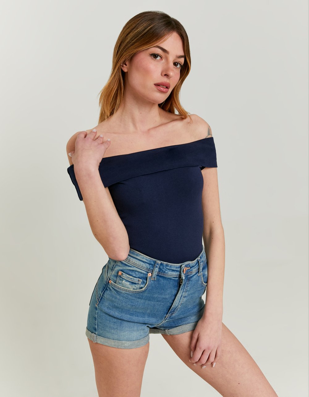 Ladies Blue Off-Shoulder Basic Top-Model Full Front View