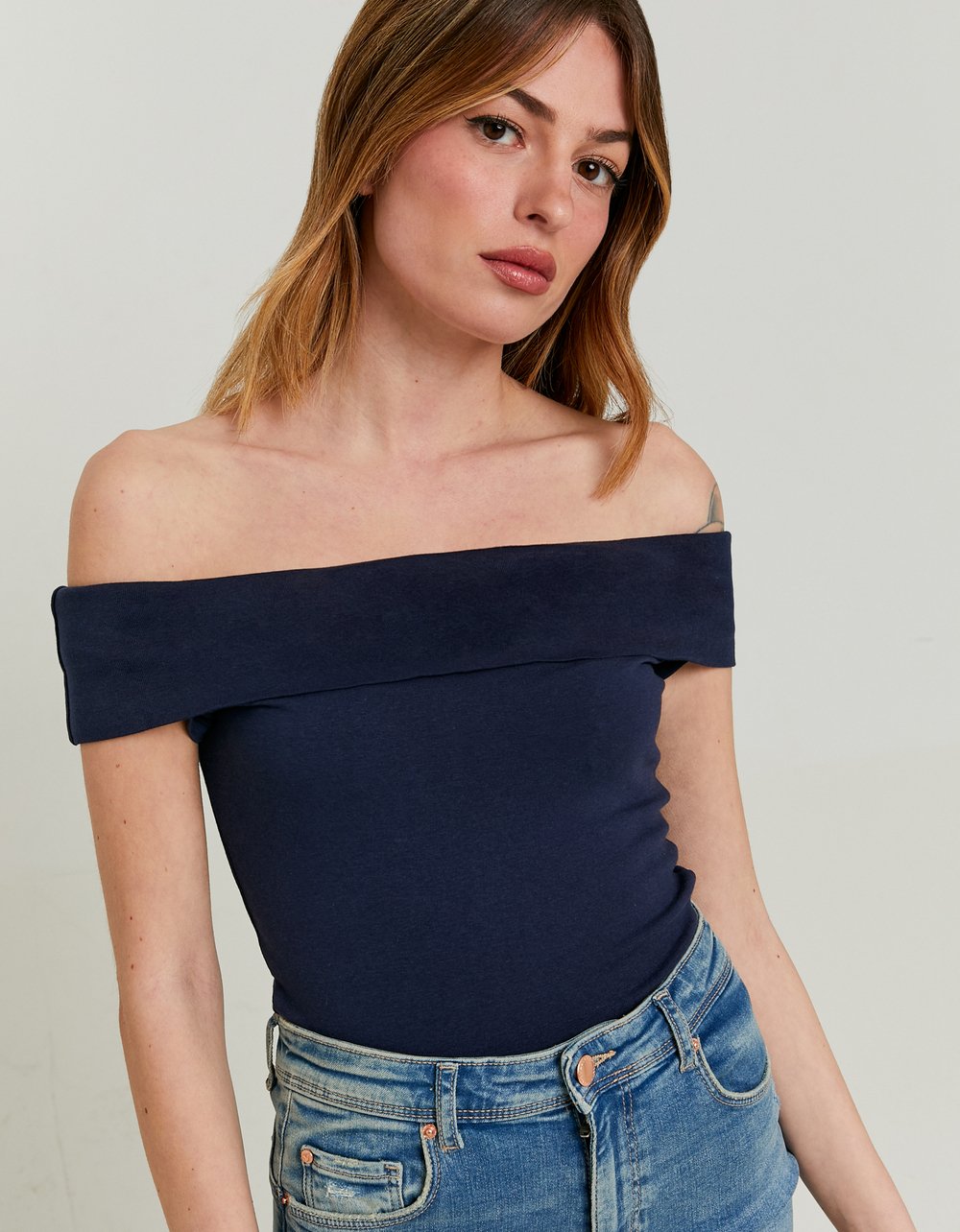 Ladies Blue Off-Shoulder Basic Top-Closer View of Front