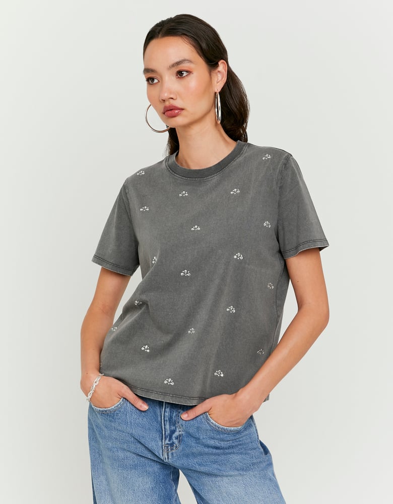 Ladies Grey T-Shirt Wtih Rhinestones-Model Front View