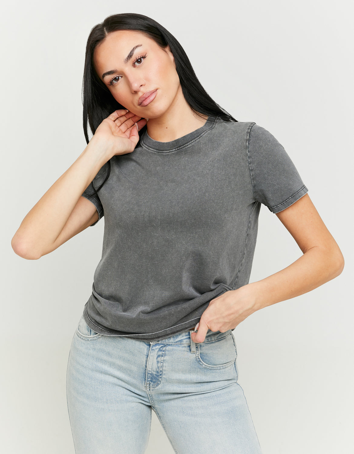 Ladies Grey T-Shirt-Model Front View