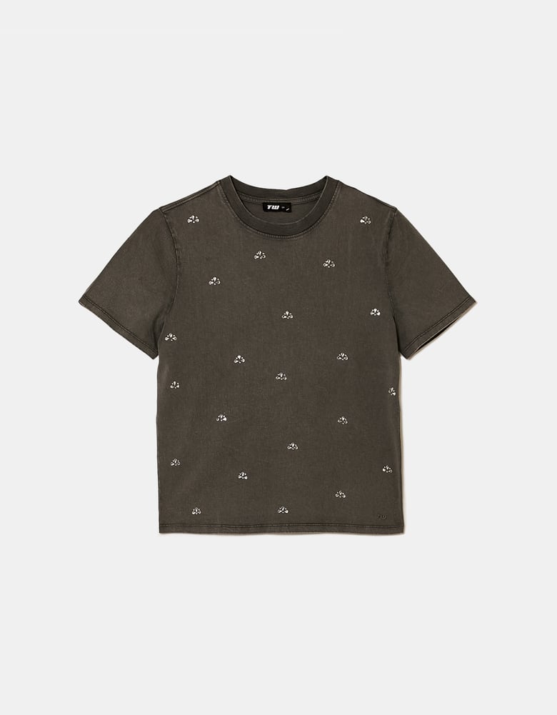 Ladies Grey T-Shirt Wtih Rhinestones-Ghost Front View