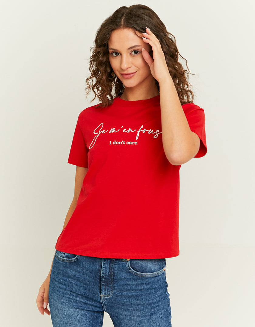 Ladies Red I Don't Care Print T-Shirt-Model Front View