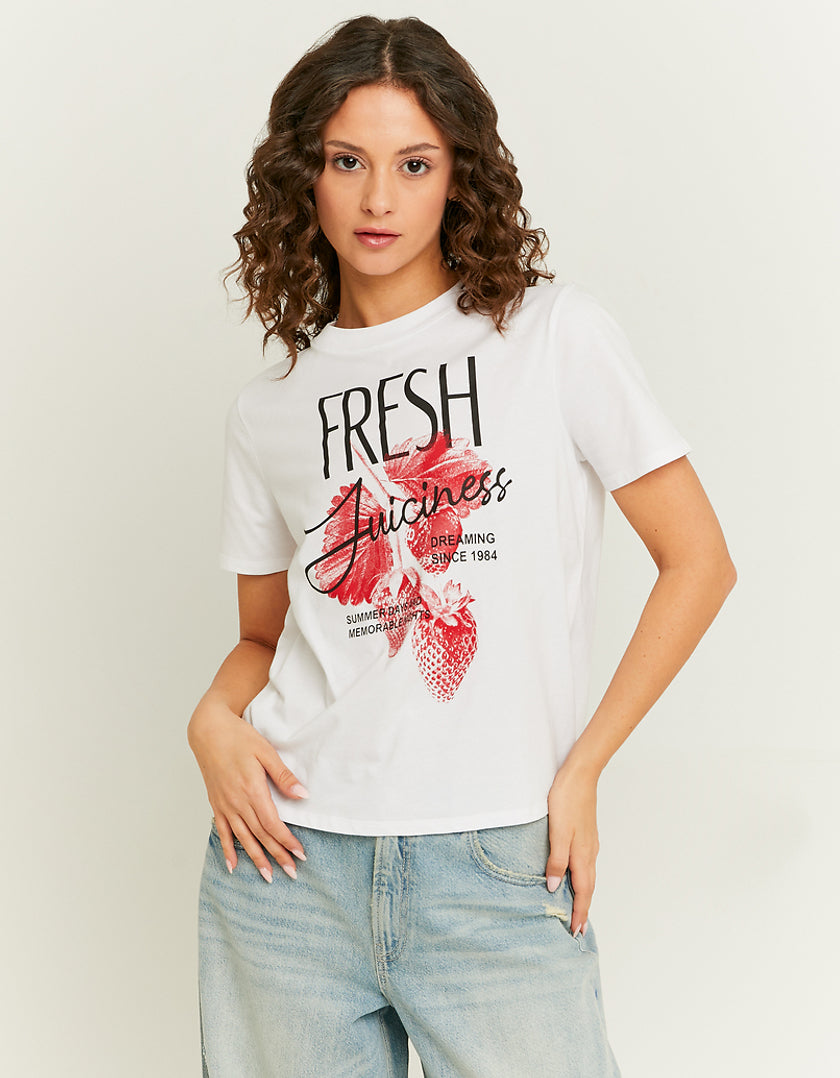 Ladies White Fresh Juiciness Print T-Shirt-Model Front View