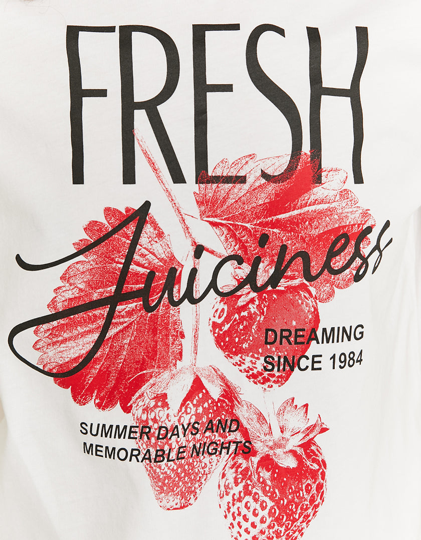 Ladies White Fresh Juiciness Print T-Shirt-Closer View of Front