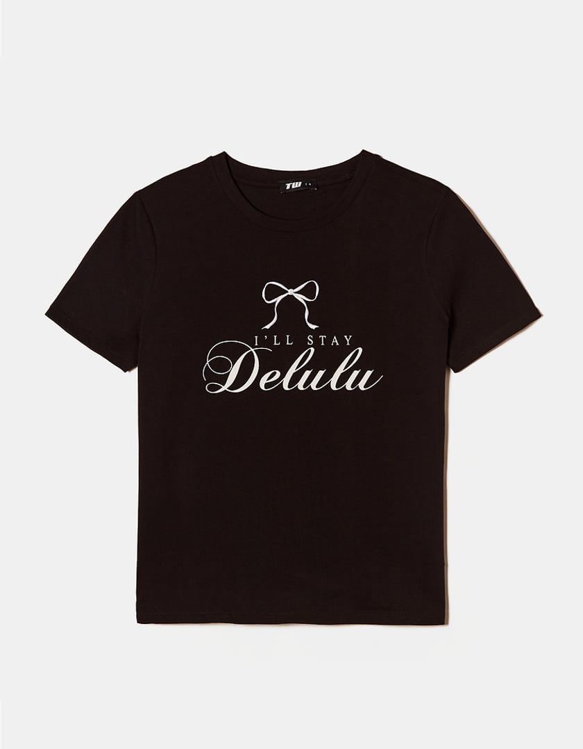 Ladies Black I'll Stay Delulu Print T-Shirt-Front View