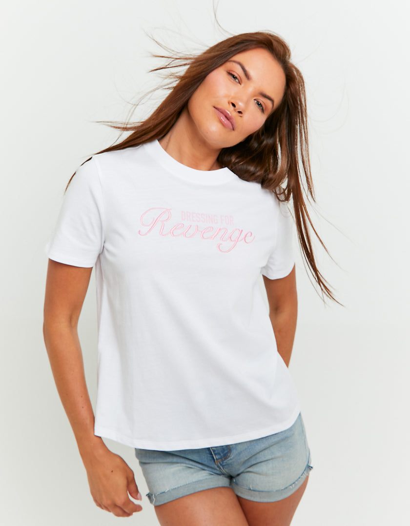 Ladies White Oversized Dressing for Revenge Print T-Shirt-Model Front View