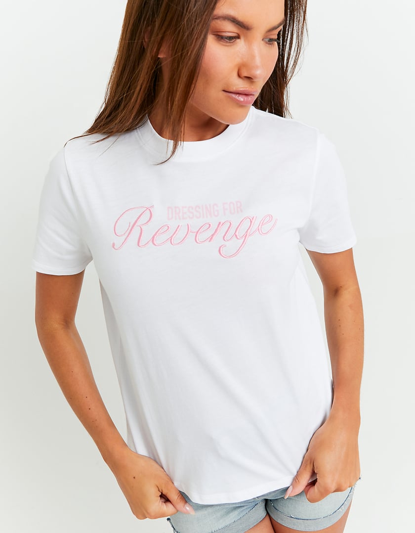 Ladies White Oversized Dressing for Revenge Print T-Shirt-Closer View of Front