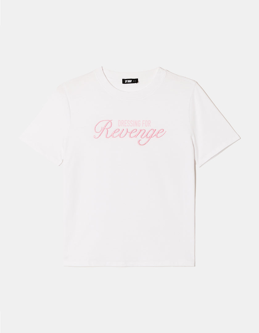 Ladies White Oversized Dressing for Revenge Print T-Shirt-Front View